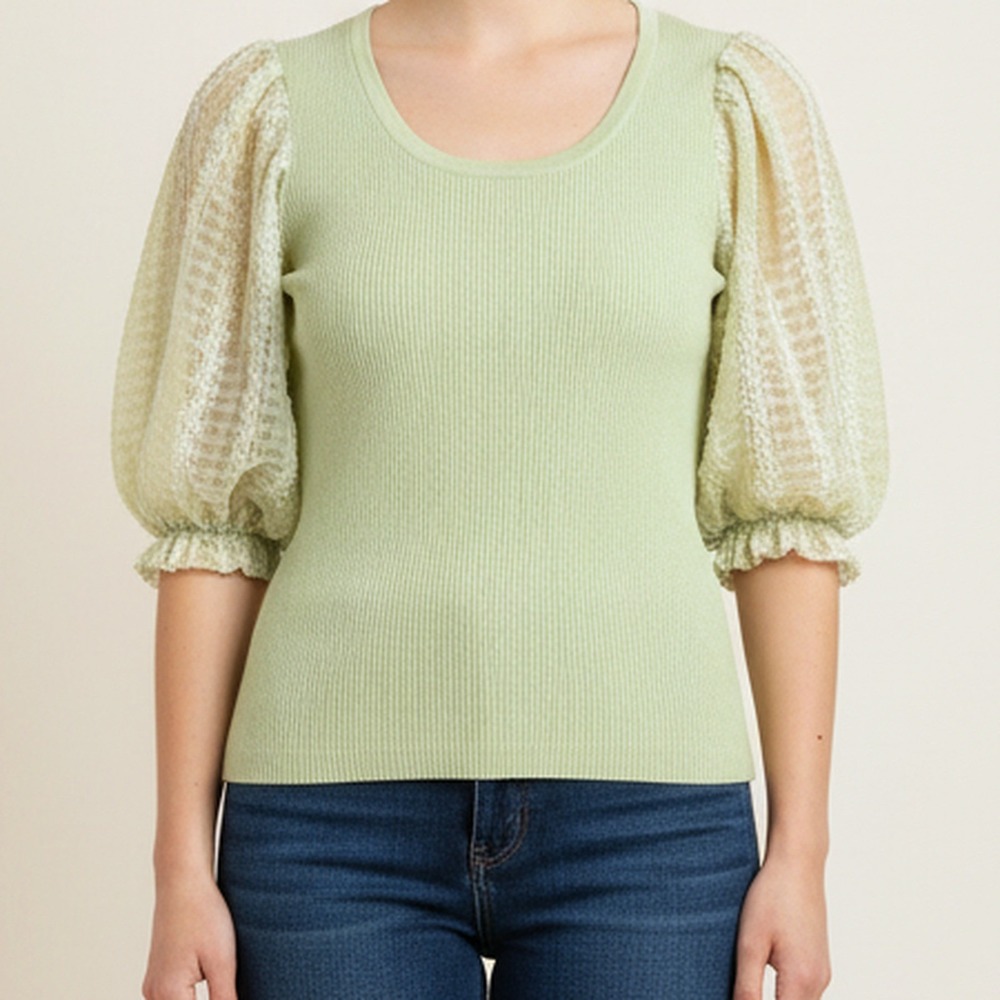 Entro NWT Puff Sleeve Rib Knit Top Lime Green Sheer Clip Dot Sleeves Women M